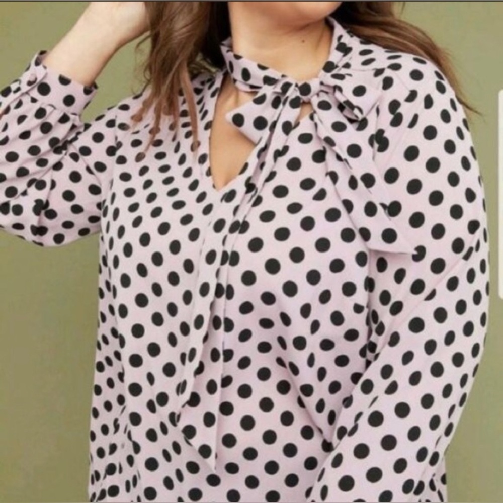 Lane Bryant Blouse 14/16 Lavender Black Polka Dot Bow Long Sleeve